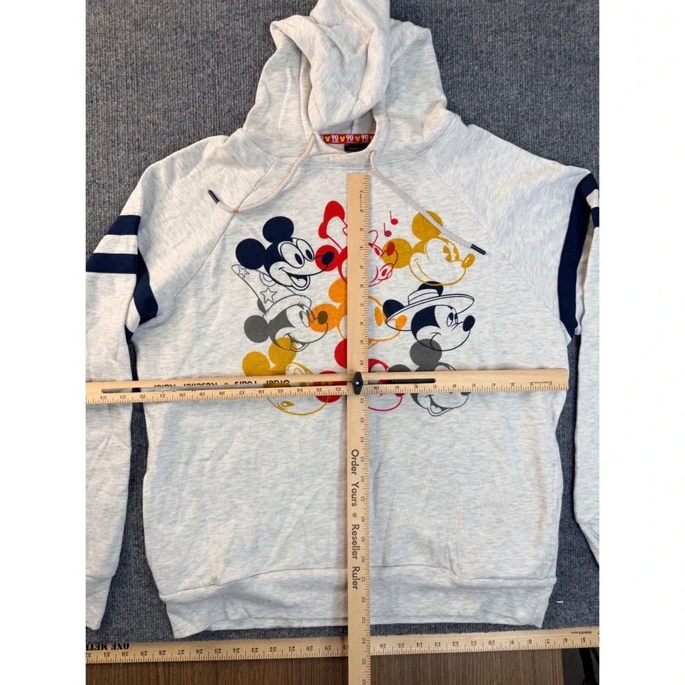 Disney Mickey Mouse 90 Years Hoodie Medium Grey Navy Stripe Graphic Pullover MD